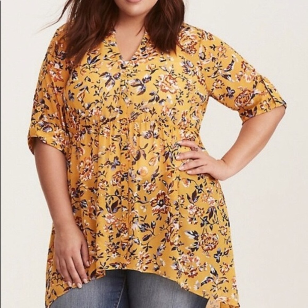 TORRID Mustard Yellow Floral High Low Ruffle Top